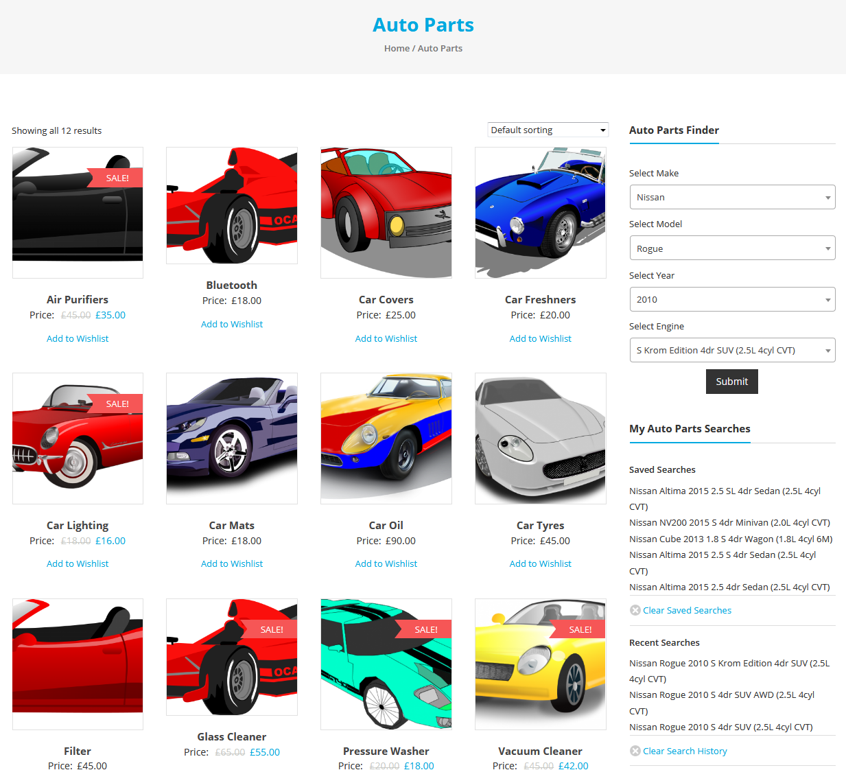 An auto parts shop page with the finder in the sidebar