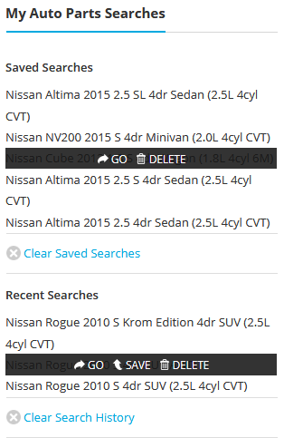 Recent and saved searches for auto parts