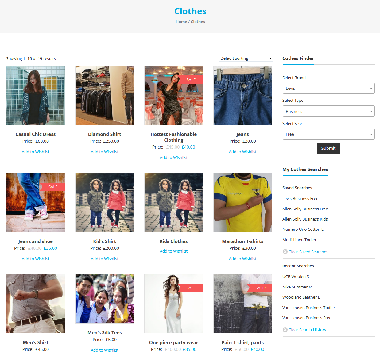 A clothing shop page with the finder in the sidebar