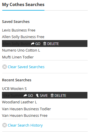 Recent and saved searches for clothing