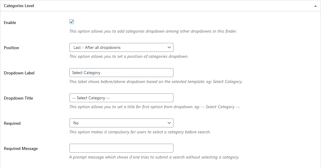 The Categories Level settings panel
