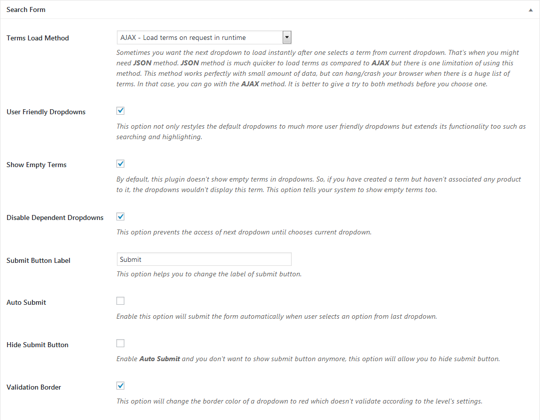 The Search Form settings panel