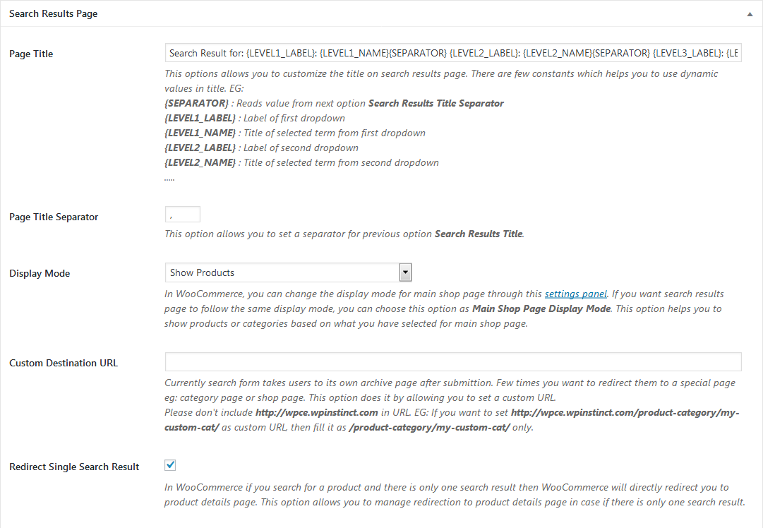 The Search Results Page settings panel