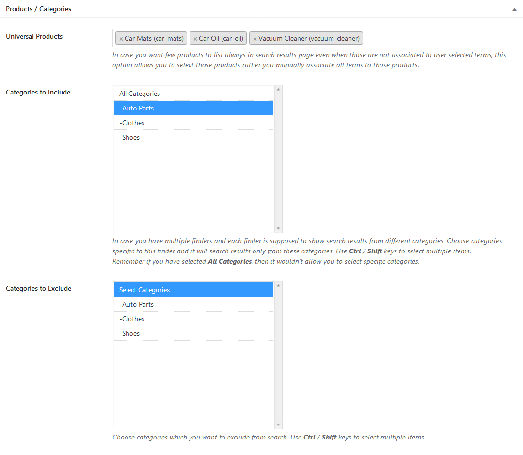 The Products and Categories settings panel