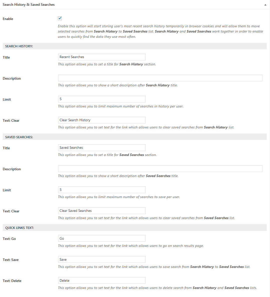 The Search History and Saved Searches settings panel