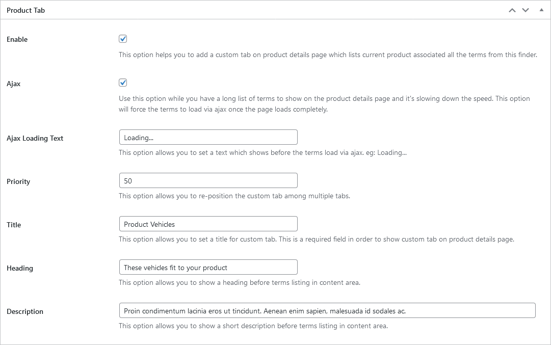 The Product Tab settings panel