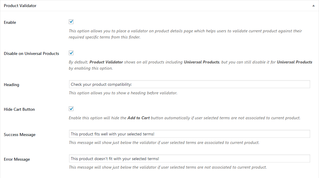 The Product Validator settings panel