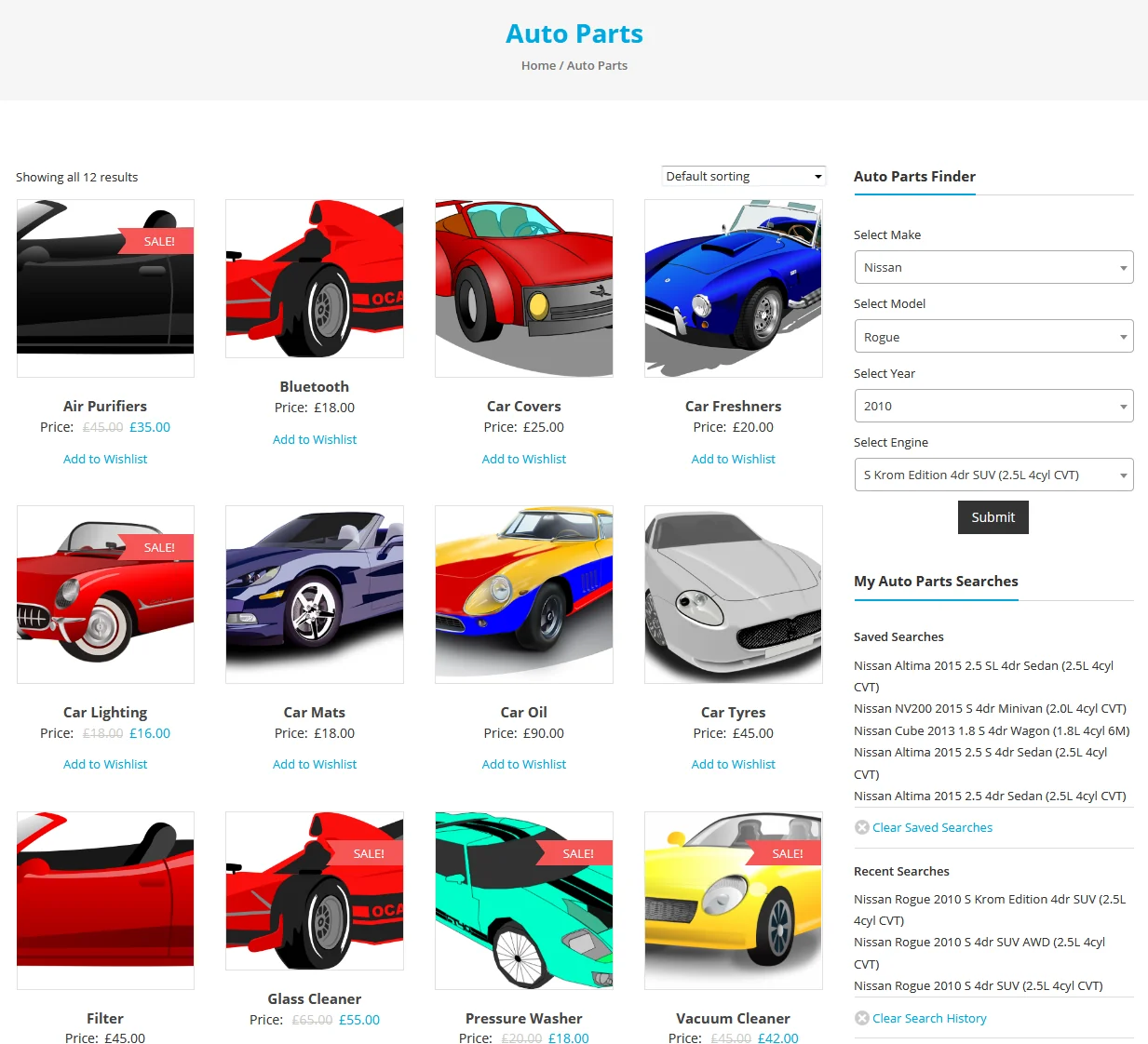 An auto parts shop page with the finder in the sidebar