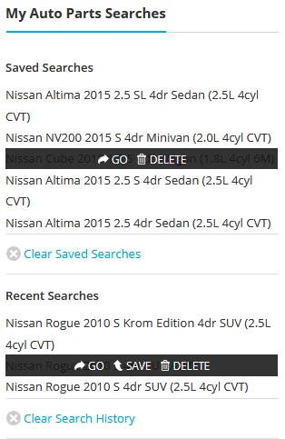 Recent and saved searches for auto parts