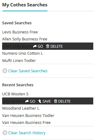 Recent and saved searches for clothing