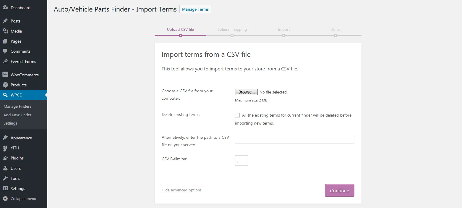 The terms CSV importer