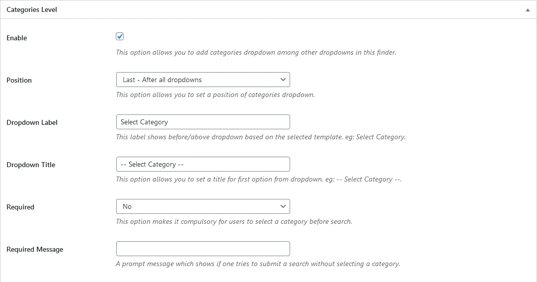 The Categories Level settings panel