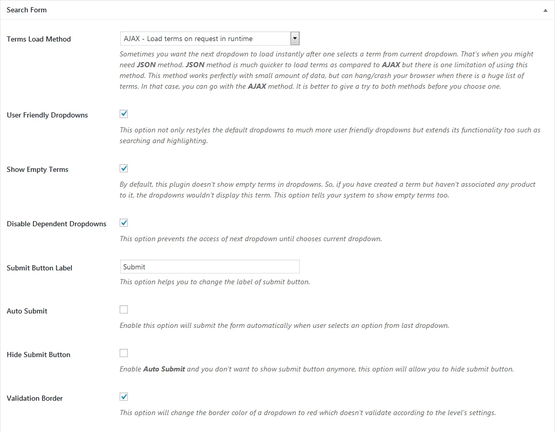 The Search Form settings panel