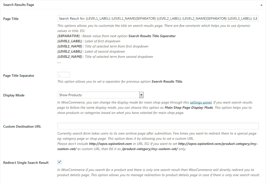 The Search Results Page settings panel