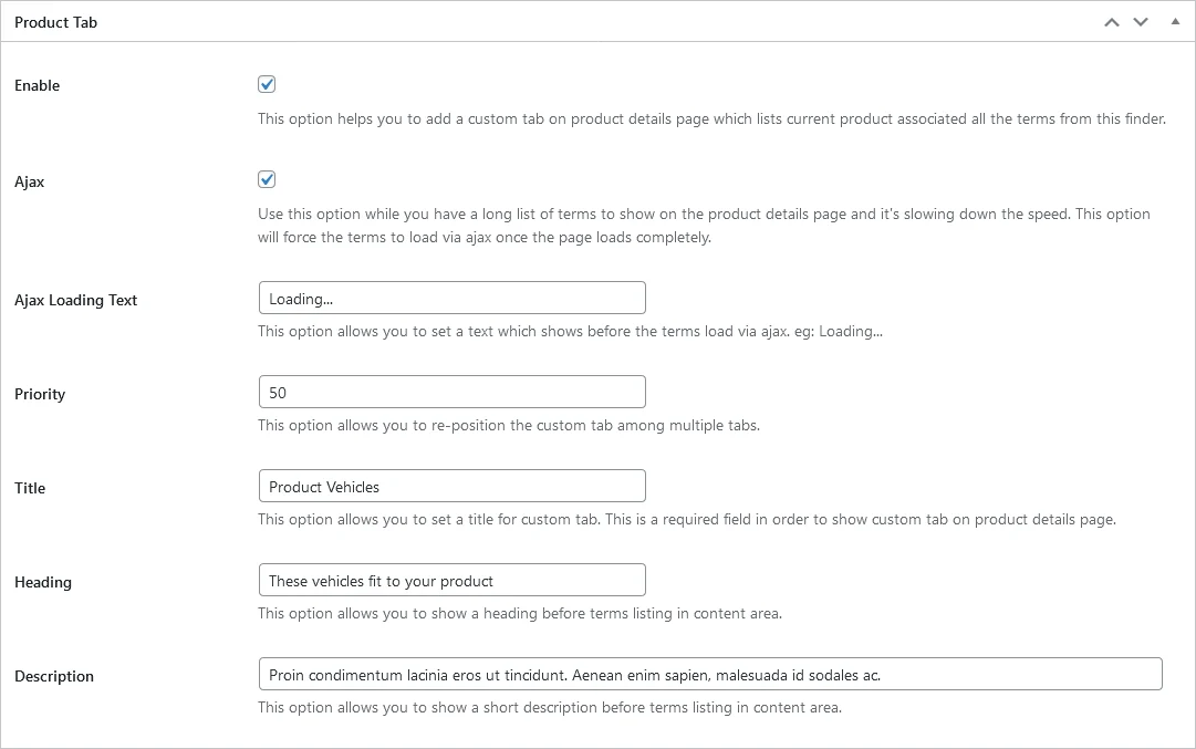 The Product Tab settings panel