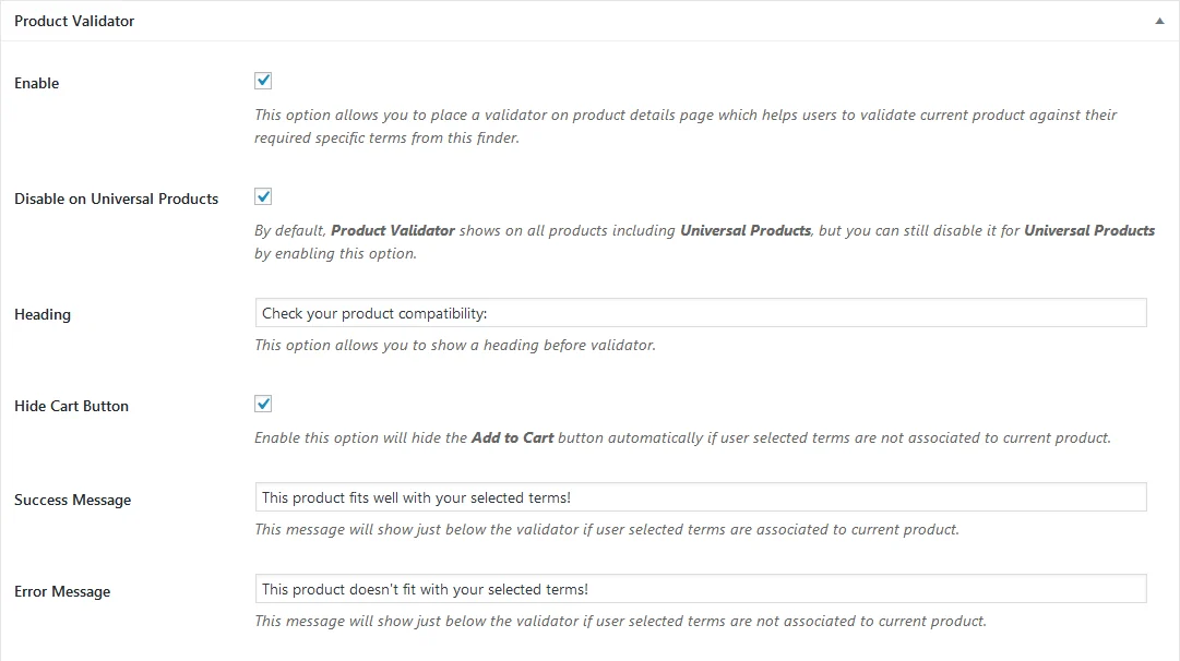 The Product Validator settings panel