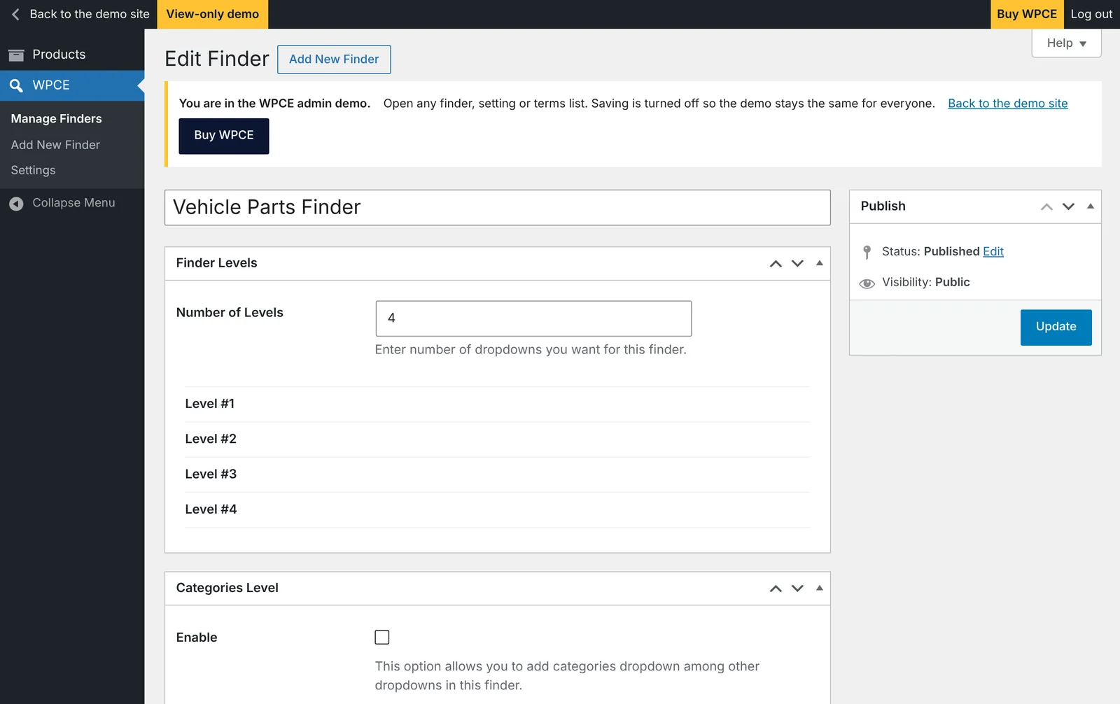 WPCE finder levels in the WordPress admin