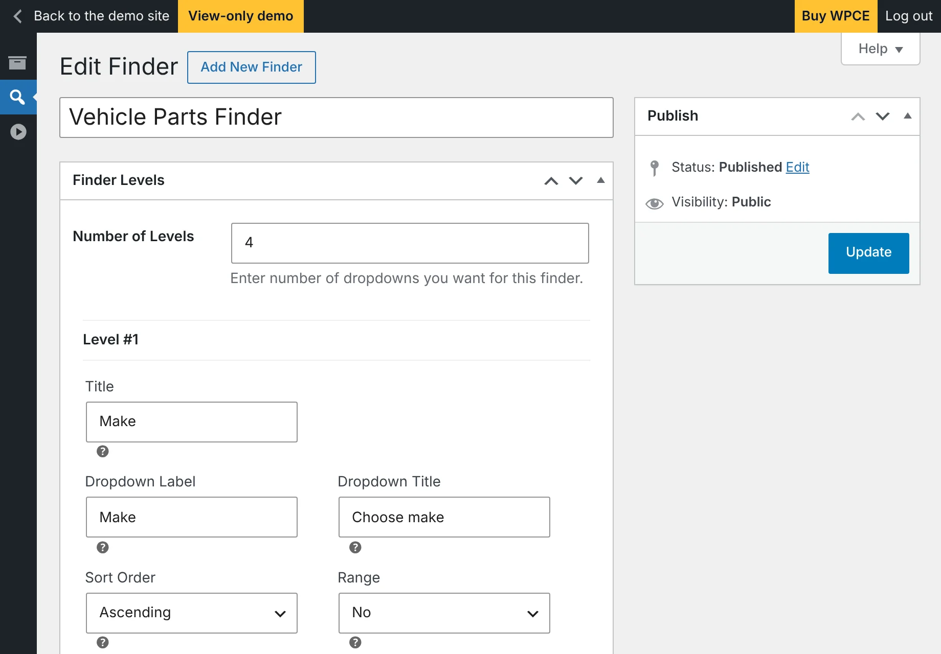WPCE finder levels in the WordPress admin
