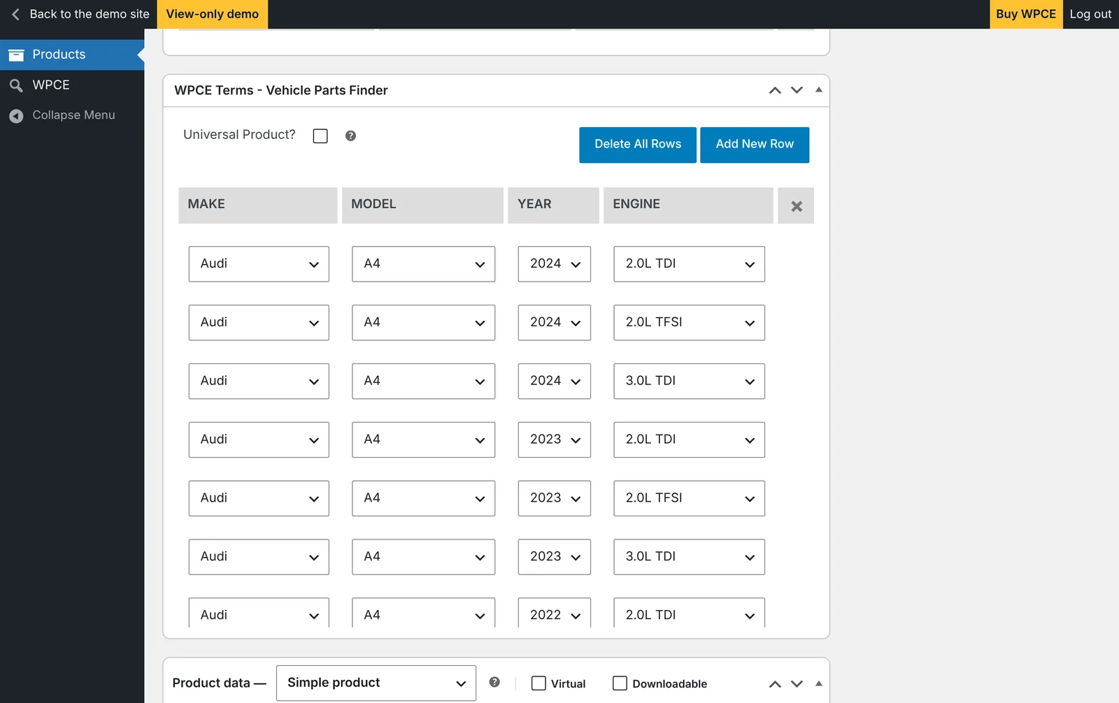 WPCE compatibility box on the product edit screen