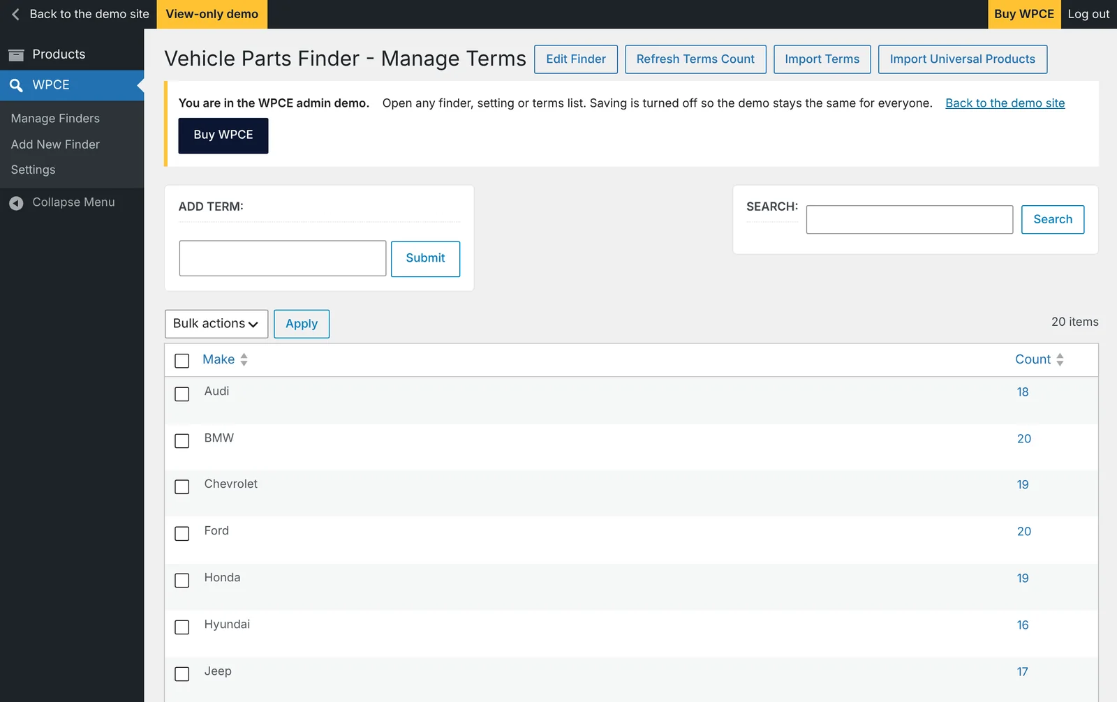 Manage Terms screen in the WPCE admin