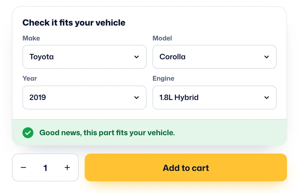 Fit checker on a product page confirming the part fits a Toyota Corolla